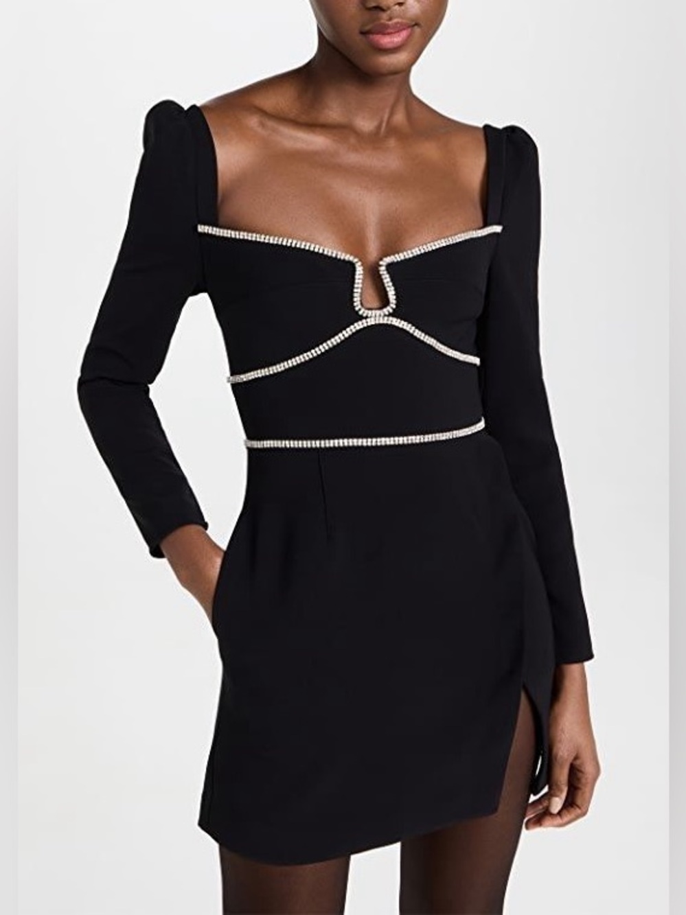Self-Portrait Black Long-Sleeve Rhinestone-Trim Mini Dress Size 2